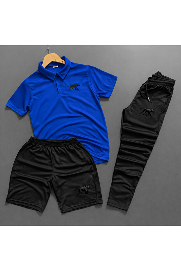 Polo Yaka Boğa Printed 3-Piece Shorts and Sweatpants Set