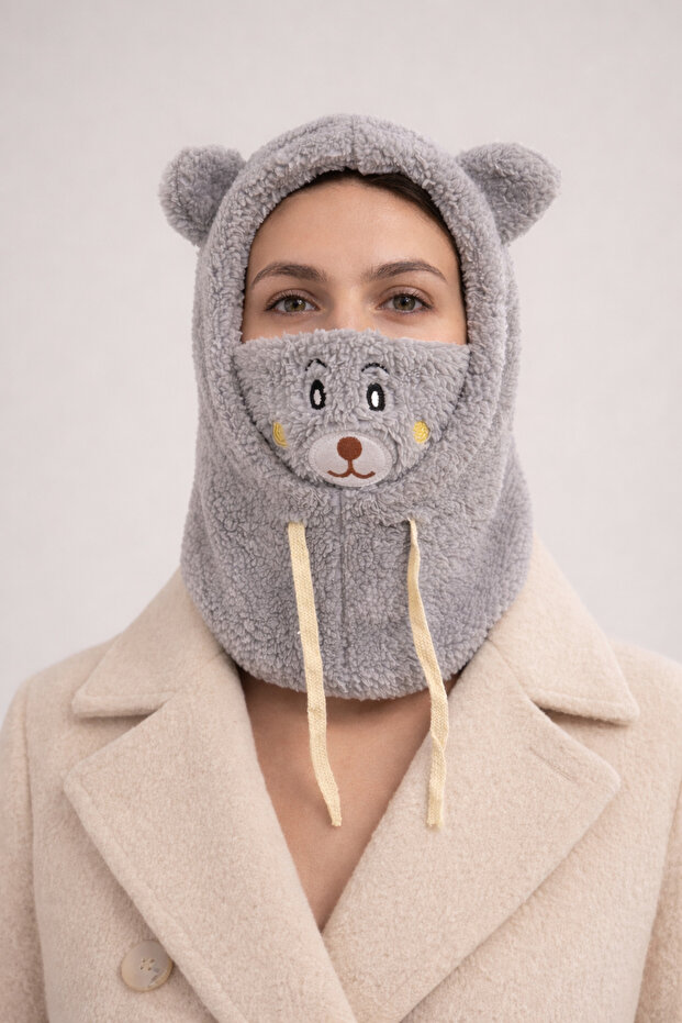 Plush Balaclava Grey Pocketed Bear Detail Eared Teddy Bear - Soft Balaclava Beanie Headgear