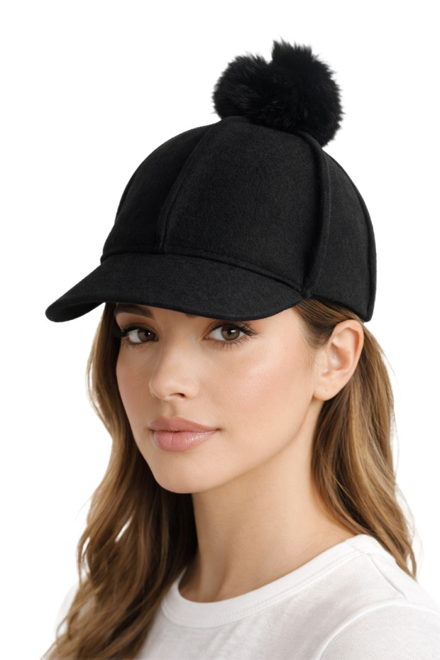 Women's Black Rider Model Plush Pompom Winter Cashmere Hat