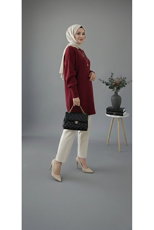 Bordo Bisiklet Yaka Oversize Triko Tunik - 7