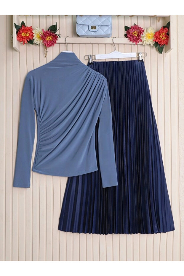 بلوزة ساندي برباط نصف الحلق - نيلي - 2