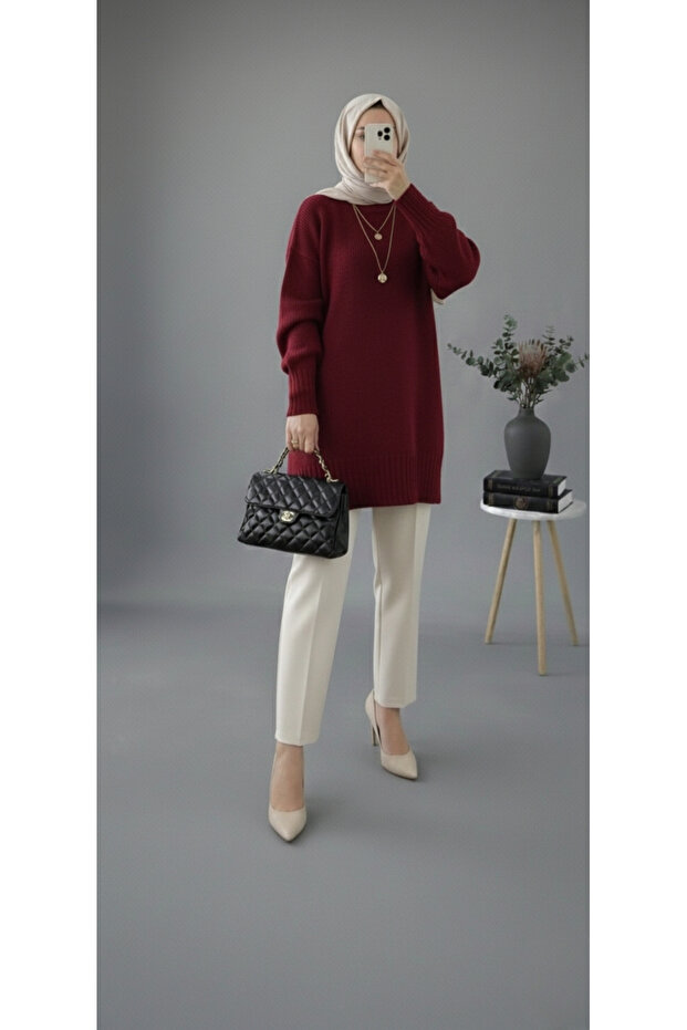 Bordo Bisiklet Yaka Oversize Triko Tunik - 1