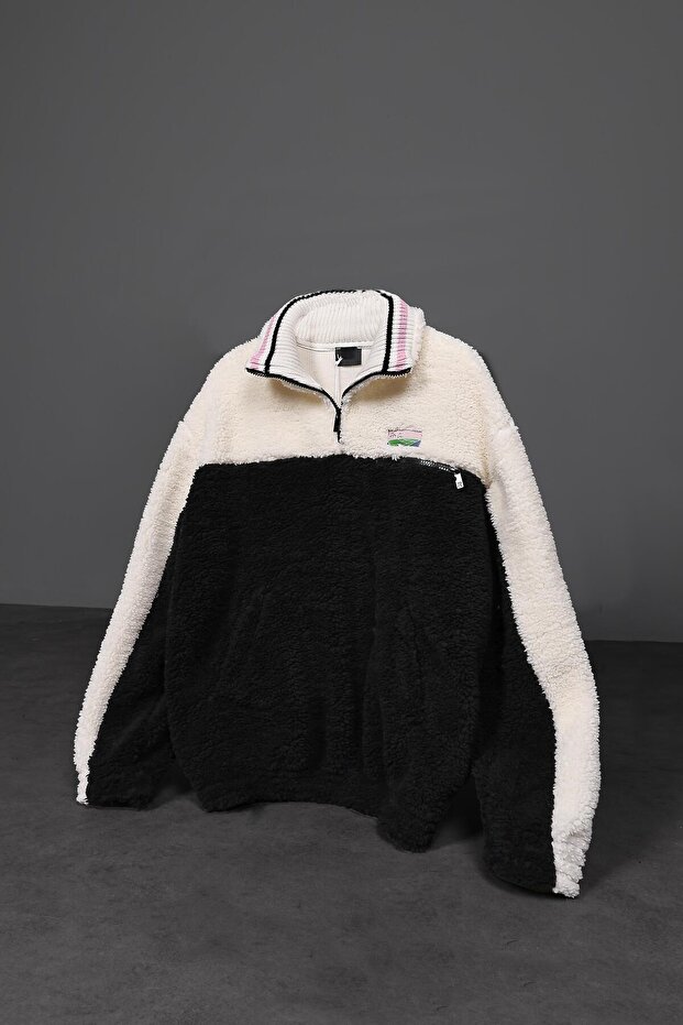 Men's Black Paneled Full Zip Plush Sweatshirt