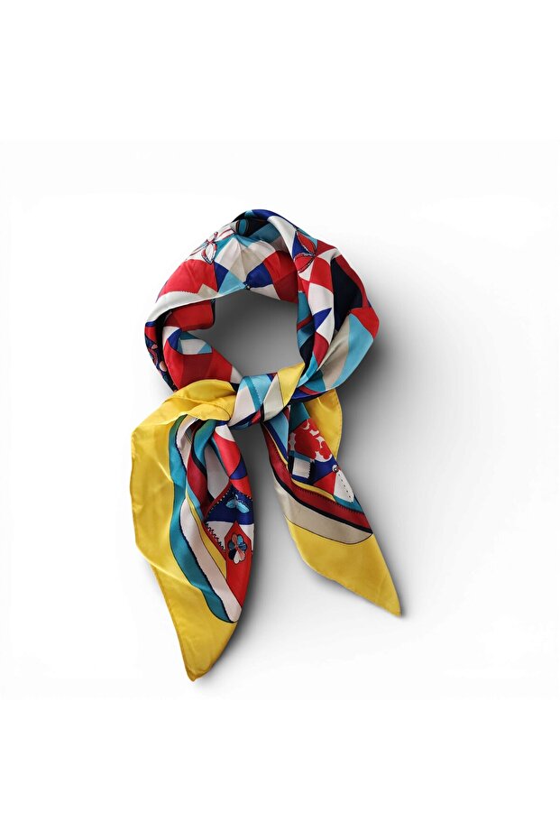 Blooming Flowers in Squares Satin Scarf 70X70 cm