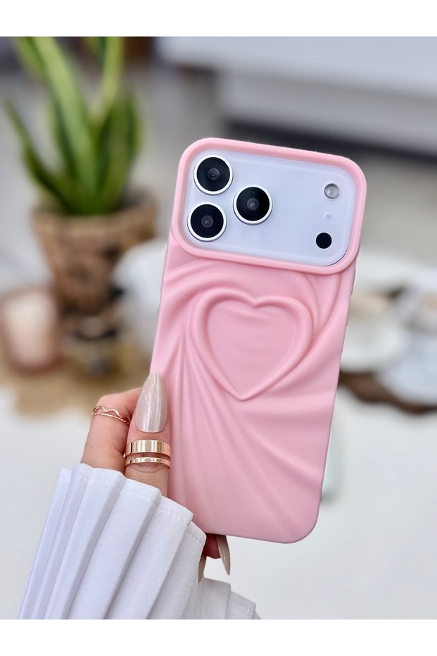 iPhone 17 Promax Compatible 3D Matte Satin Heart Embossed Patterned Anti-Shock Silicone Case