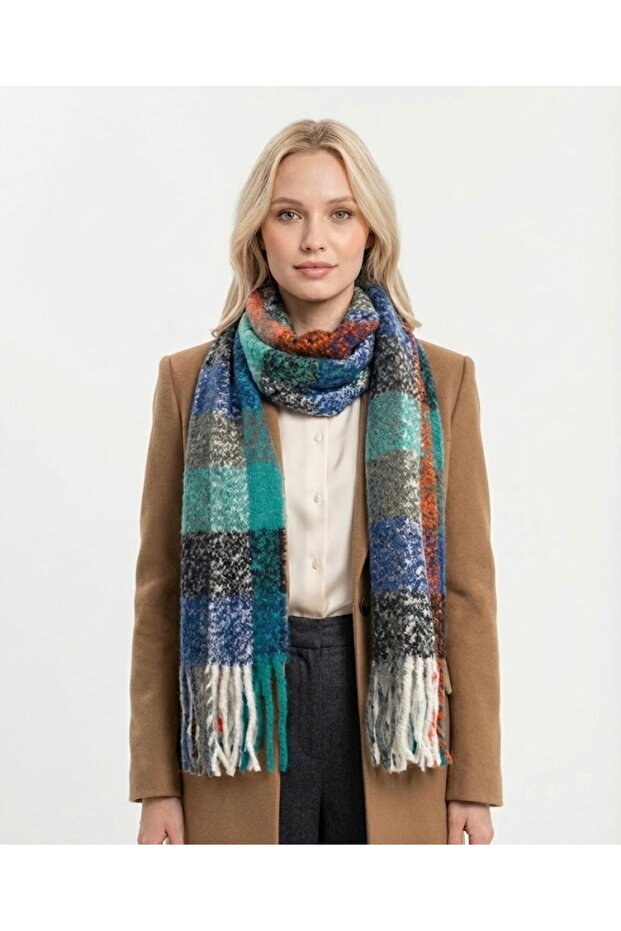 Women's Scarf with Tassels Square Pattern - Boucle Shawl Thick Winter Soft