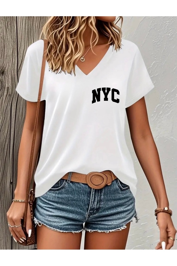 Nyc Printed Women's Oversize V-Neck T-Shirt