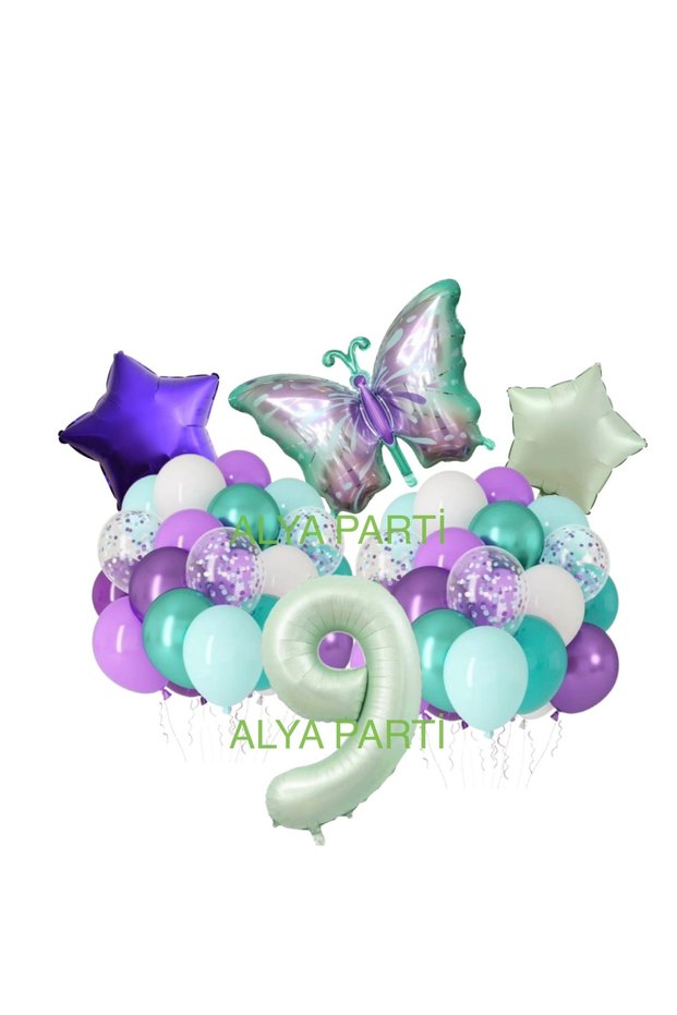 Party 9 Year Old Number Foil Balloon Butterfly and Star Birthday Set