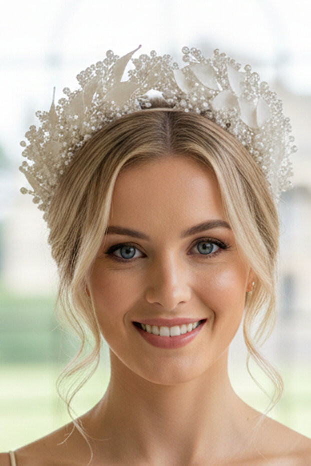 Bridal Crown Pearl and Crystal Beaded Handmade Leaf Detailed Bridal Hair Accessory Engagement Crown