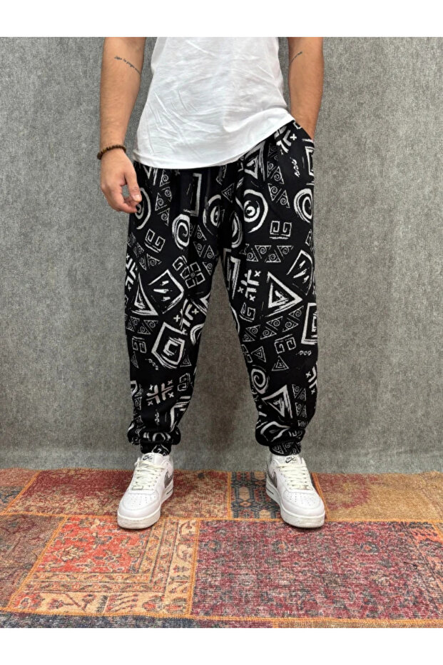 بنطلون نصف شالوار مطوي ومزين بنمط مع خصر مطاطي - 1