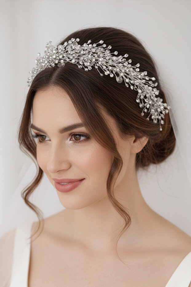 Bridal Crown Grey Crystal Beaded Handmade Hellenistic Bridal Hair Accessory Henna Crown