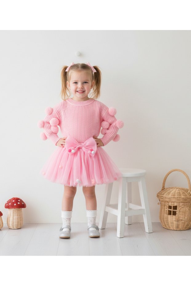 Girl's Pink Pom-Pom Sweater and Pom-Pom Tutu Skirt Set Birthday Set