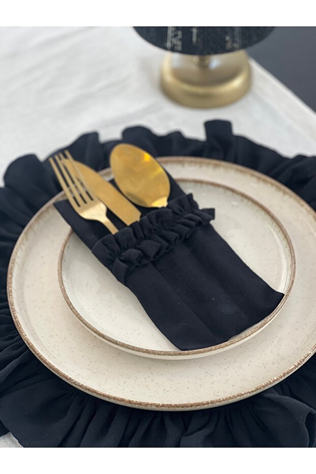 4-Piece Dark Linen 3-Compartment Ruffled Cutlery Holder / Napkin Holder
