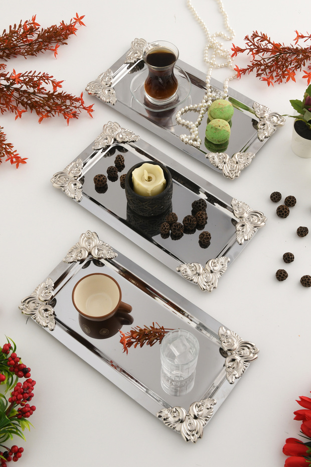Foldosi Silver 3-Piece Silver Ornament Detailed Boat-Shaped Coffee Presentation Tray Serving Tea Tray Decorative Tray