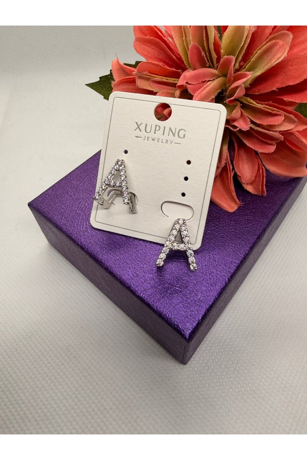 Zircon Stone Silver Color Three-Dimensional Letter a Steel Earrings