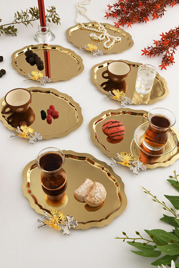 Keveldi Gold 6-Piece Butterfly Detailed Oval Coffee Presentation Tray Serving Tea Tray Decorative Tray
