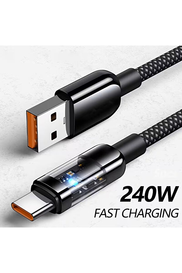 كابل شحن سريع من نوع USB-C إلى USB-C - يدعم تقنية PD بقدرة 240 واط - شفاف مع إضاءة LED (أسود).