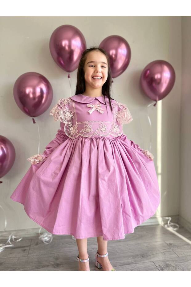 Girl's Lace Detailed Purple Children's Ceremony Dress + Buckle