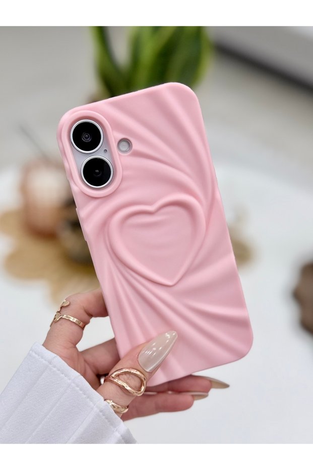 iPhone 16 Compatible 3D Matte Satin Heart Embossed Patterned Anti-Shock Silicone Case