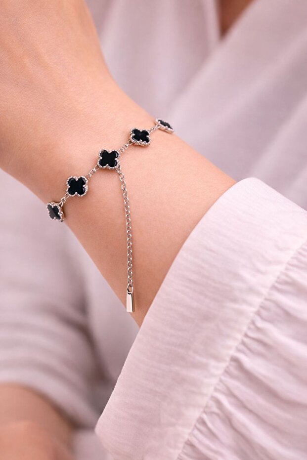 Gümüş Siyah Yonca Model Çelik Bileklik - 2