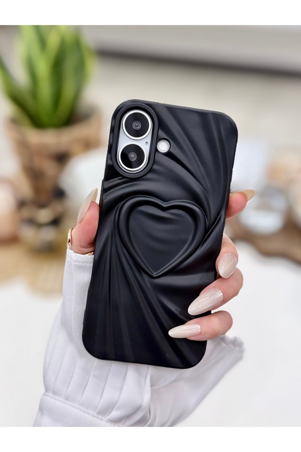iPhone 16 Compatible 3D Matte Satin Heart Embossed Patterned Anti-Shock Silicone Case