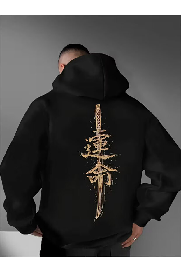 Unisex Oversize Hoodie Gold Japanese Text Printed Minimalist Hooded Sweatshirt Black