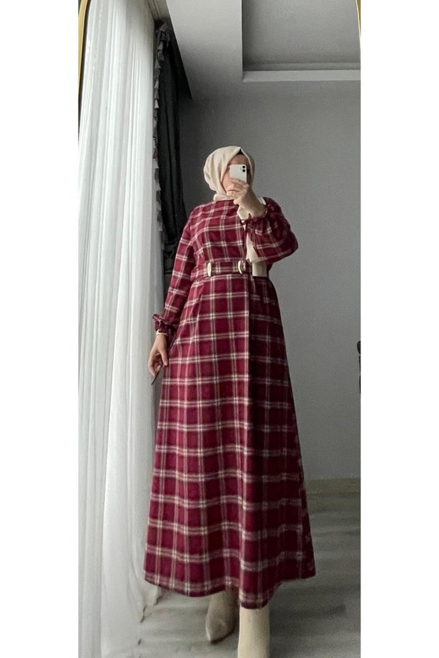 Women's Hijab Plaid Dress with Gold Accessories