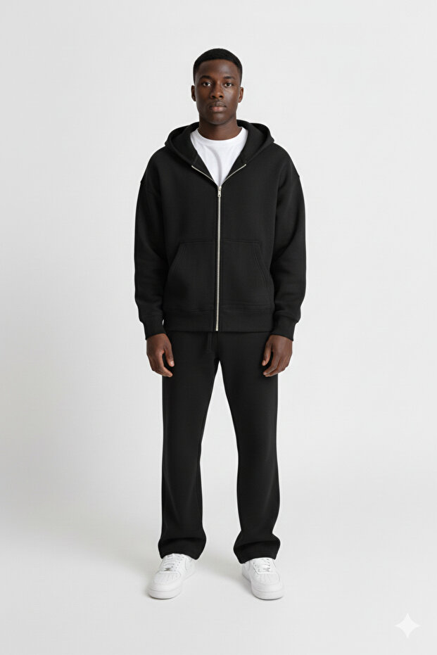 Men's Black 3-Thread Brushed Inside Baggy Tracksuit Set Wide Leg Oversized Hooded Sweatshirt