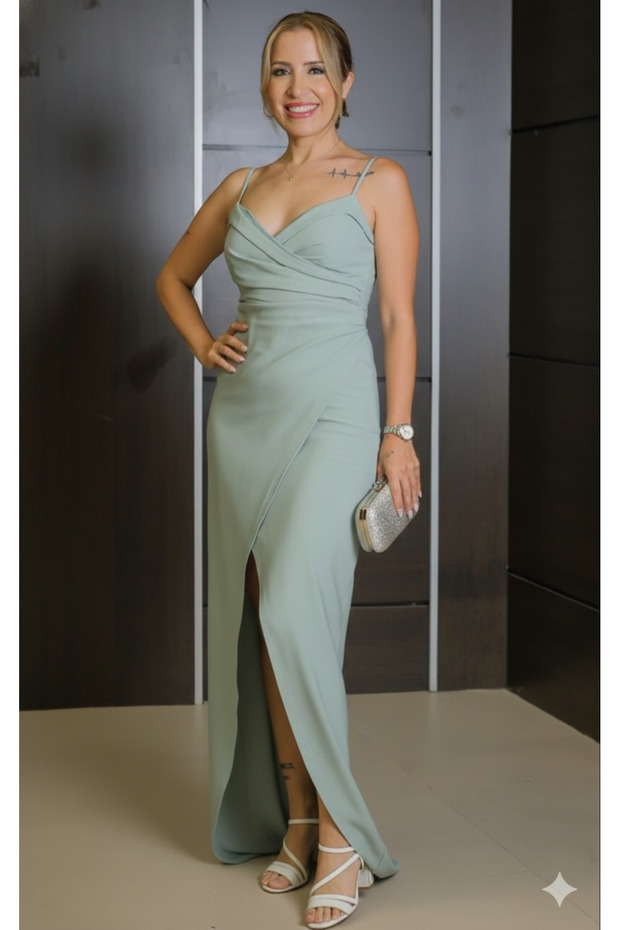 Mint Green Double-Breasted Lined Woven Long Evening Dress Night Graduation Dress