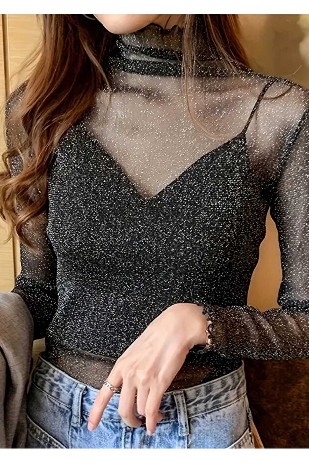 Kendinden Işıltılı astarsız transparan tül bluz - 2
