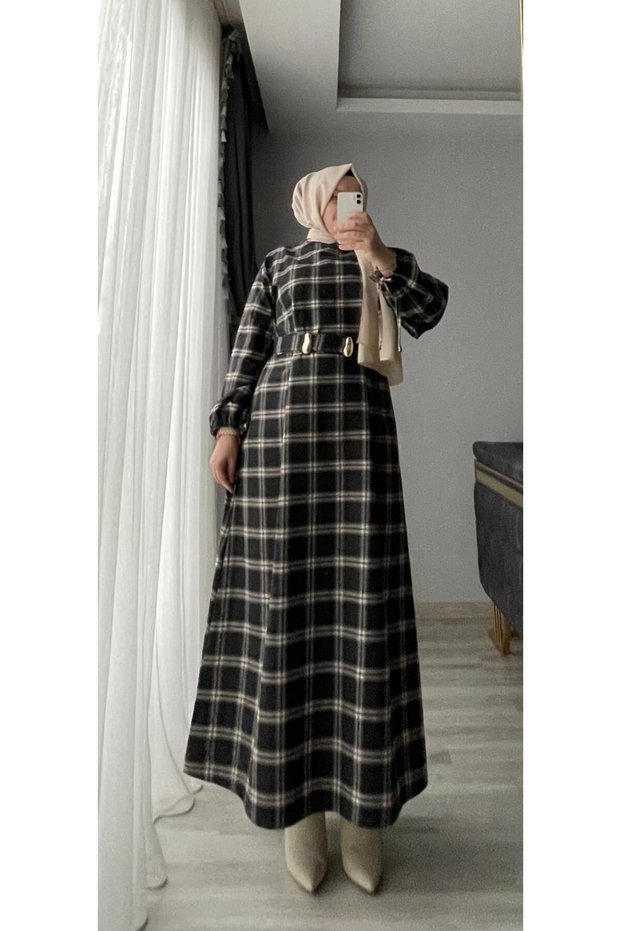 Women's Hijab Plaid Dress with Gold Accessories