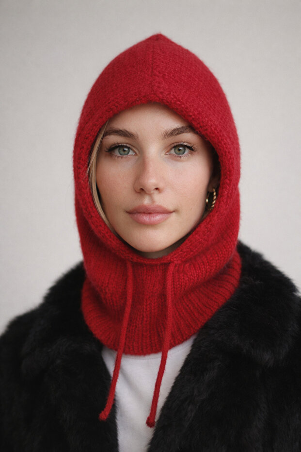 Balaklava Red Angora Wool Beanie Hat with Neck Collar Thick - Lace-Up Hat Balaclava