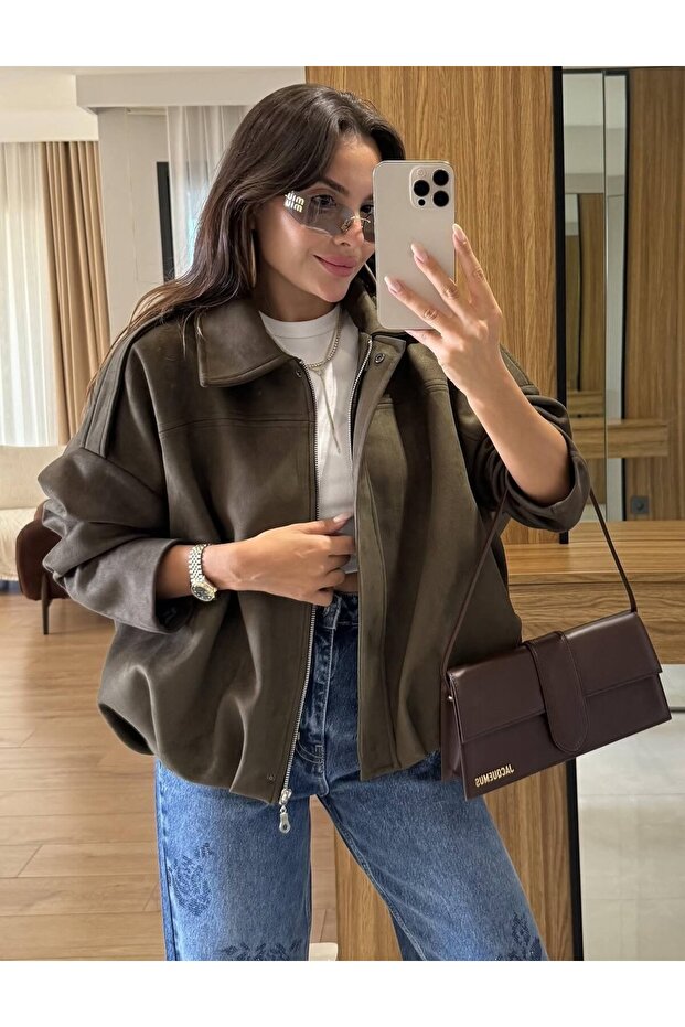 Premium Oversize Süet Bomber Ceket - 1