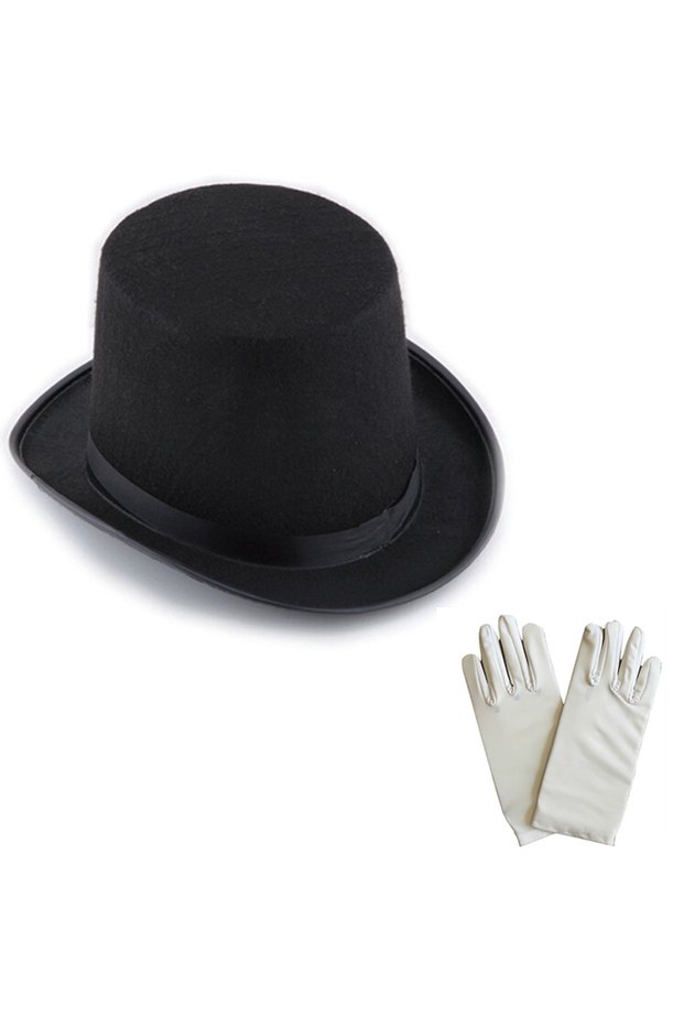 Black Magician Fedora Hat and White Magician Gloves Set - Adult Size