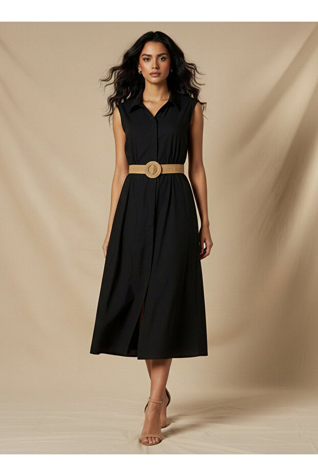 Shirt Midi Length Cotton Dress with Belt
