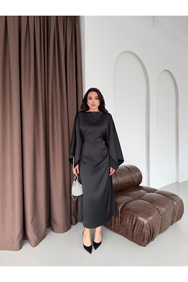 Black Batwing Sleeve Waist Fitted Satin Dress