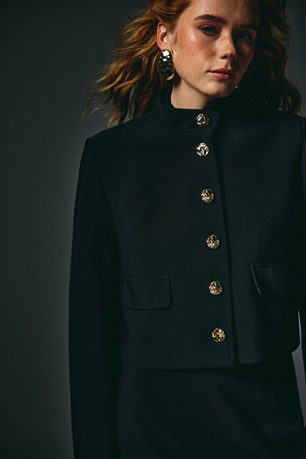 Düğmeli Kısa Ceket - Siyah - 1