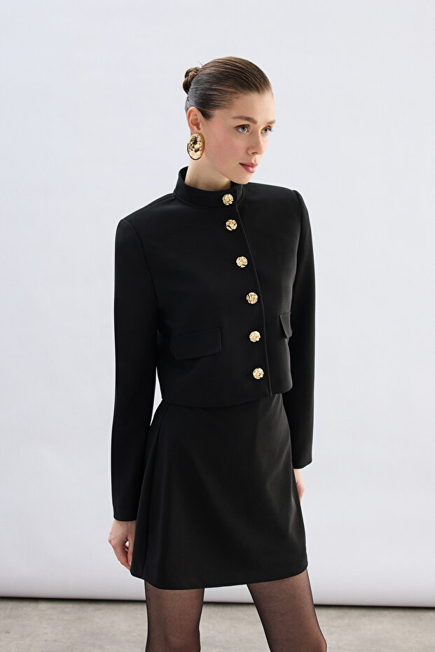 Düğmeli Kısa Ceket - Siyah - 5