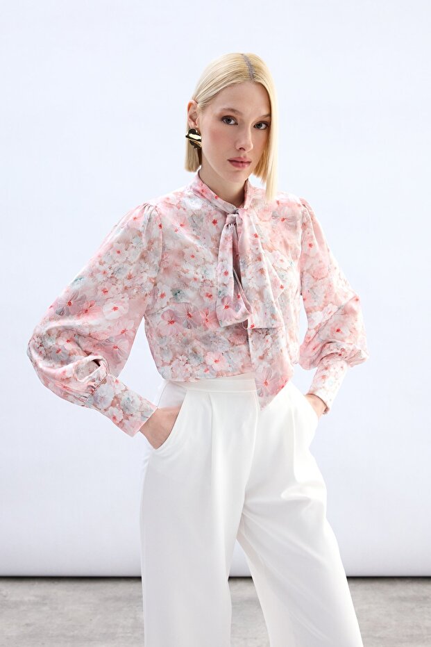 Floral Print Scarf Shirt - Powder Pink