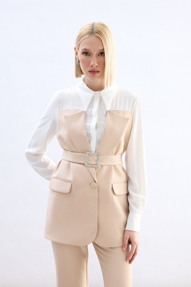 Ceket Görünümlü Gömlek - Bej - 4