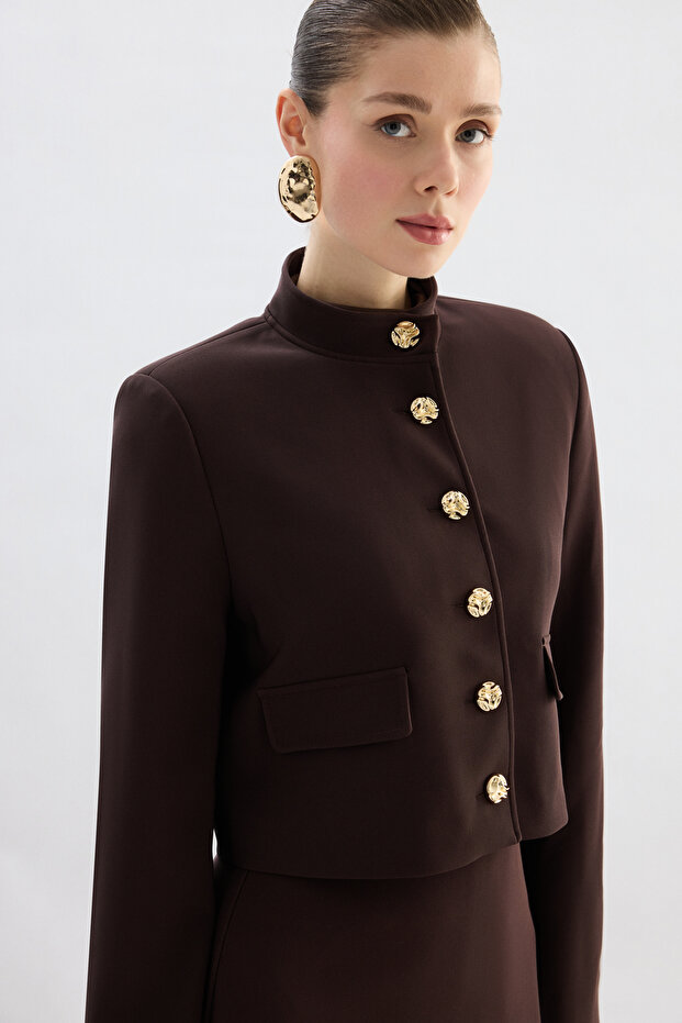 Buttoned Short Jacket - Brown - 5