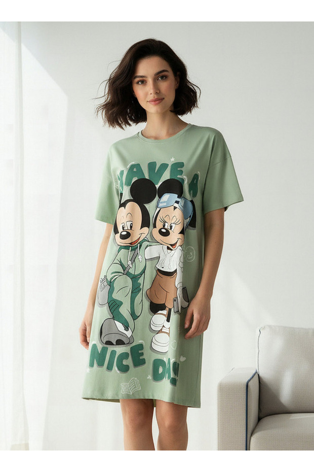 Sleepshirt Short Sleeve Mickey and Minnie Mouse Print Cotton
