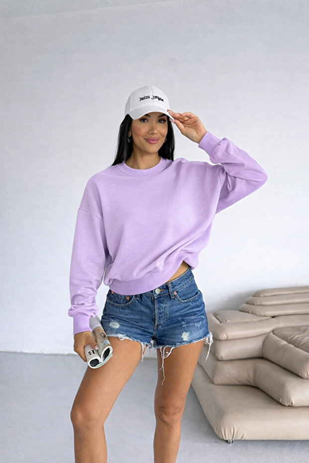 سويت شيرت نسائي من Lila 2 Thread O قصة فضفاضة Basic