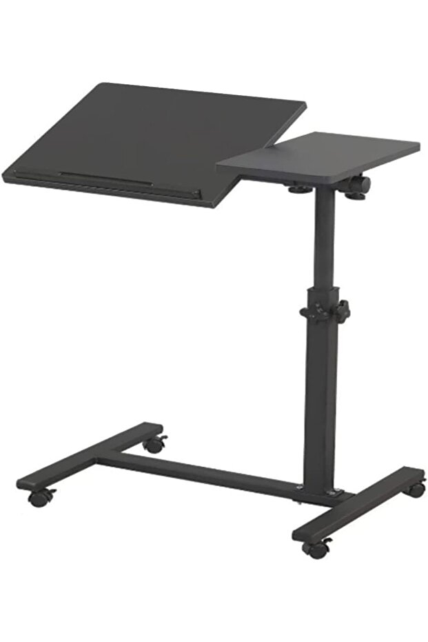 A rotating, rolling laptop table that can be tilted over the bed, with an adjustable stand and wheels.