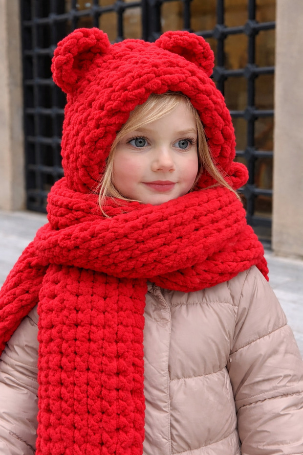 Alize puffy kids' balaclava - integrated scarf beanie with teddy bear design - red