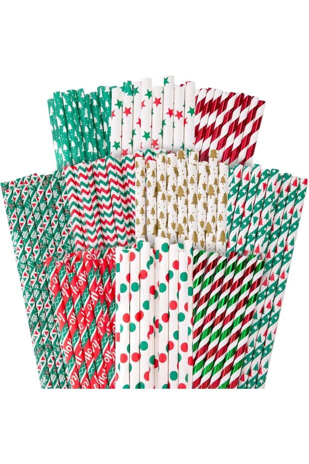 125PCS Christmas Paper Straws, 10 Styles Paper Drinking Straws Red and Green Stripes for Xmas Party