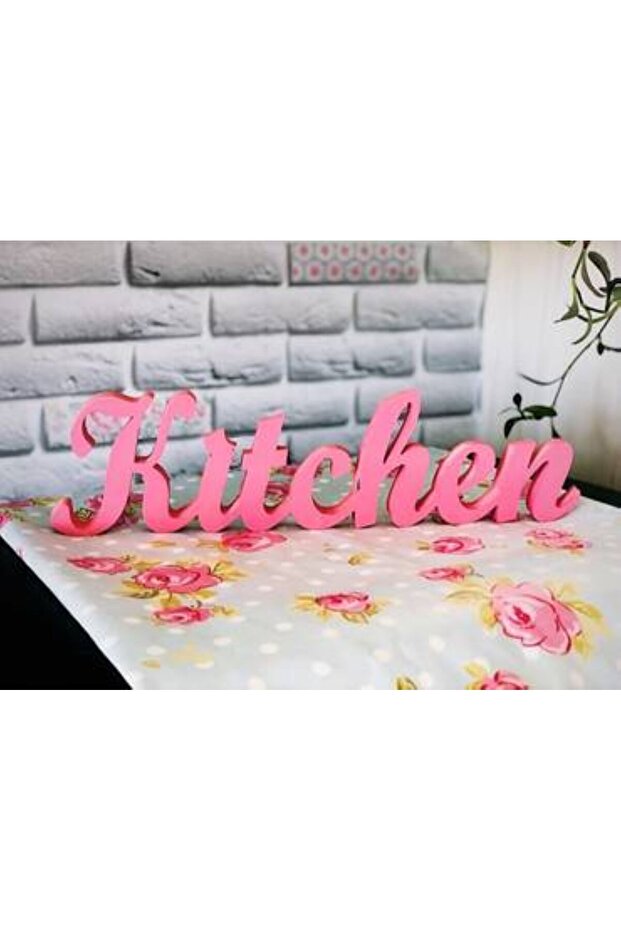 Wooden kitchen hanging sign, pink color, measuring 35*12 cm