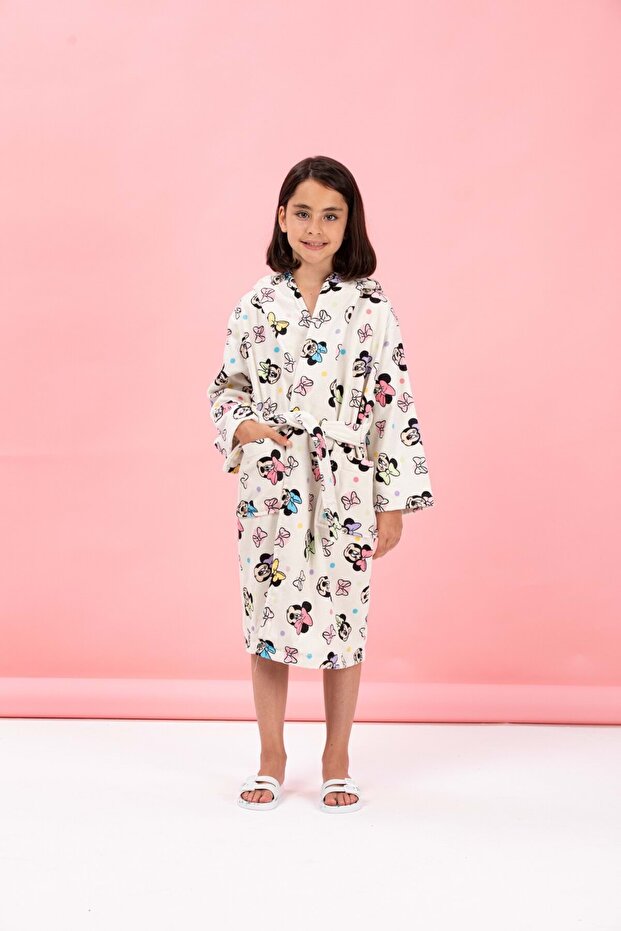 Licensed Hooded Children's Bathrobe Age 9/10-Minnie Mouse Colors Cream