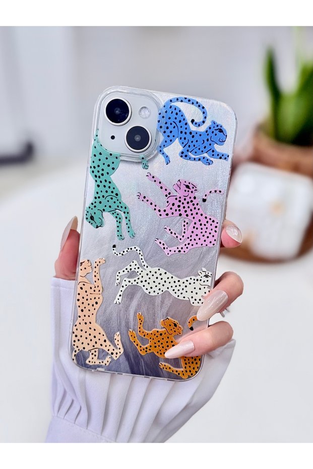 iPhone 14 Plus - 15 Plus Compatible Shine Colorful Leopard Color Gradient Shiny Design Silicone Case