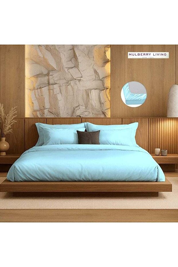 Silken Berry Art Silk Satin - 300 TC King Fitted Bedsheet Set - Light Blue